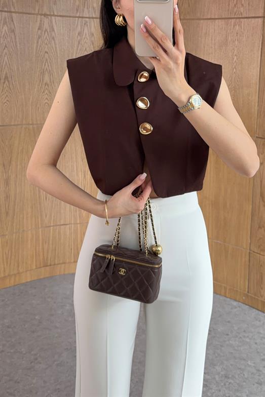 Gold Düğmeli Kahve Poplin Yelek