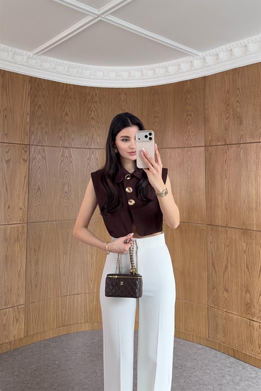 Gold Düğmeli Kahve Poplin Yelek