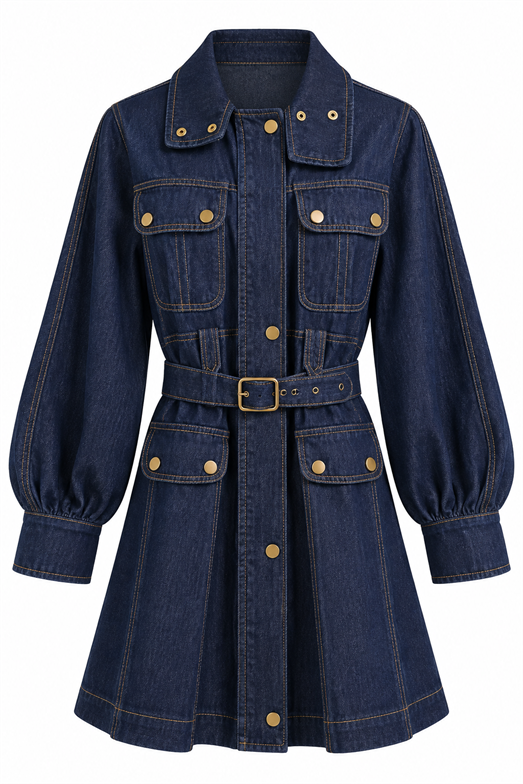 Gold Düğmeli Kemerli Denim Elbise