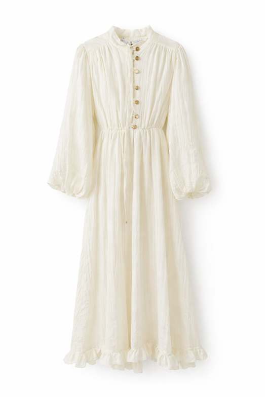 Gold Düğmeli Piliseli Ekru Elbise