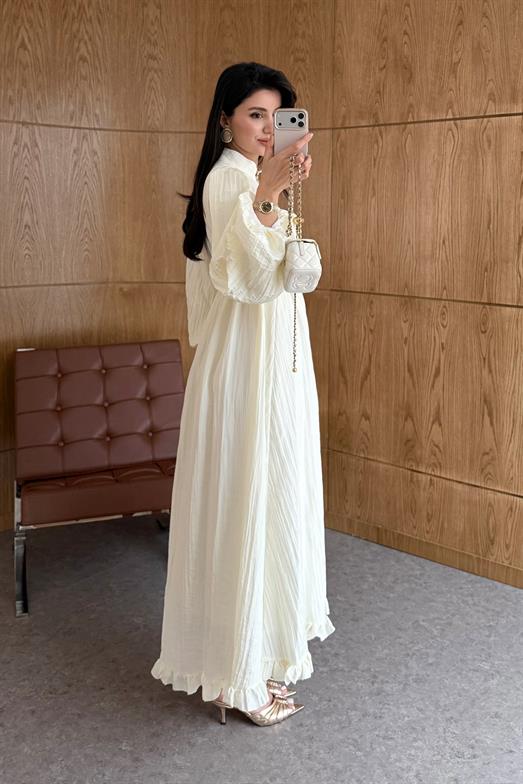 Gold Düğmeli Piliseli Ekru Elbise