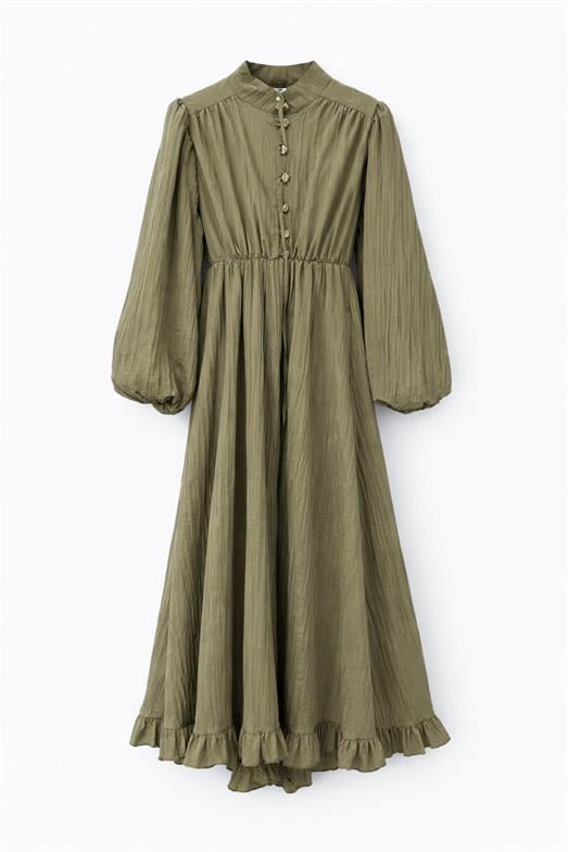 Gold Düğmeli Piliseli Haki Elbise