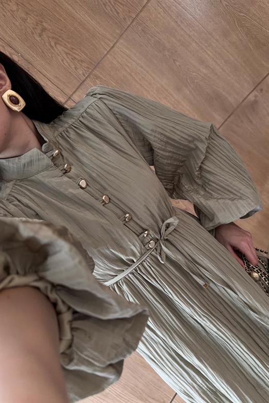 Gold Düğmeli Piliseli Haki Elbise