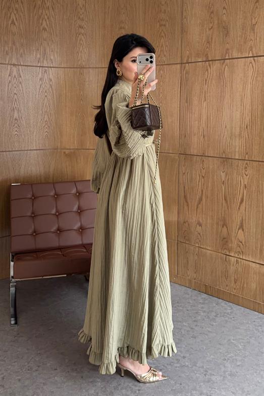 Gold Düğmeli Piliseli Haki Elbise