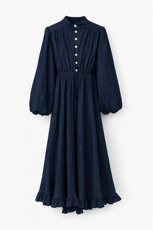 Gold Düğmeli Piliseli Lacivert Elbise