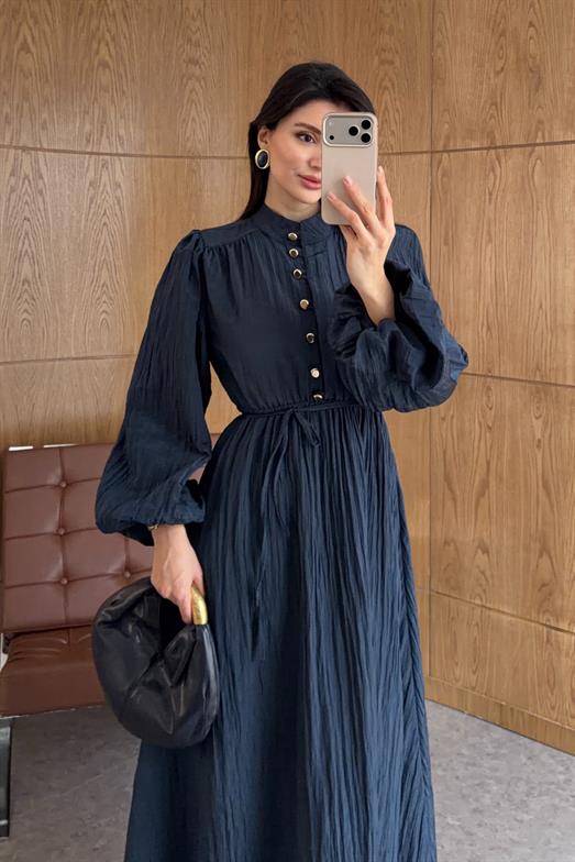 Gold Düğmeli Piliseli Lacivert Elbise