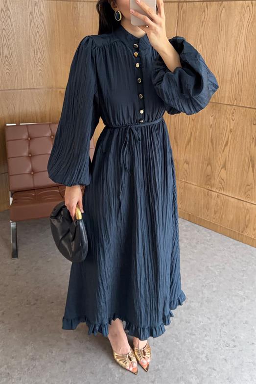 Gold Düğmeli Piliseli Lacivert Elbise