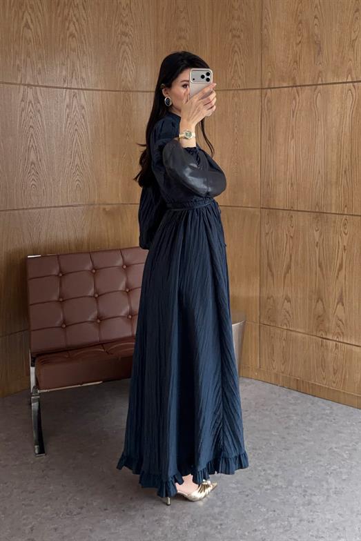 Gold Düğmeli Piliseli Lacivert Elbise