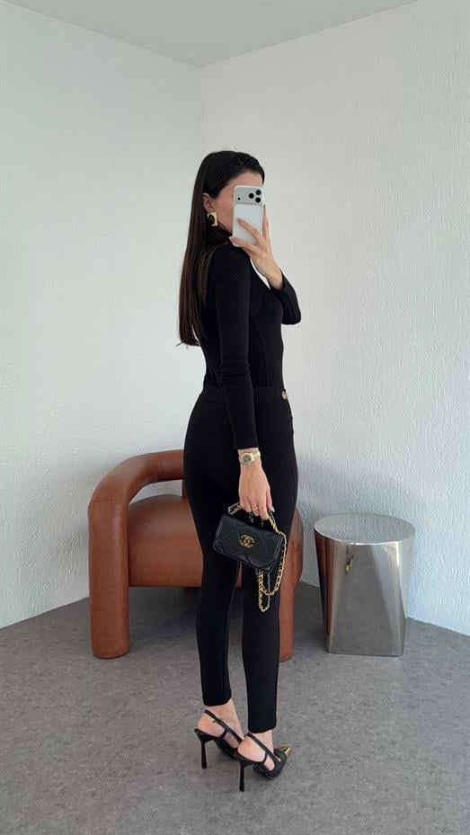 Gold Düğmeli Siyah Çelik Tayt