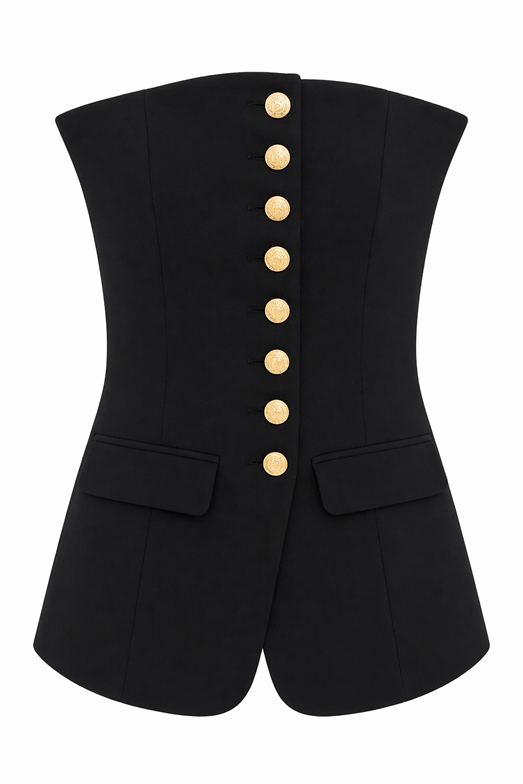 Gold Düğmeli Siyah Straplez Yelek