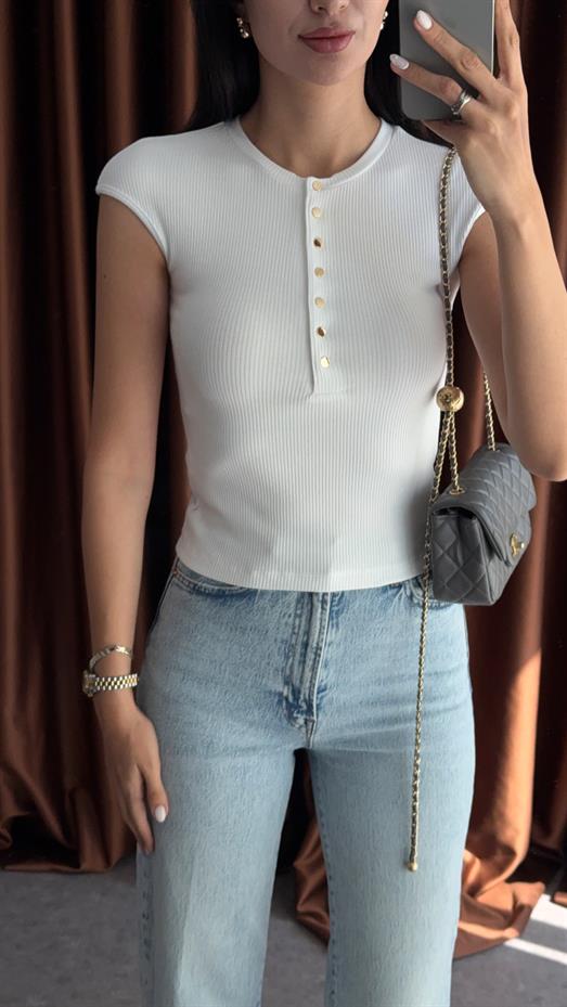 Gold Düğmeli T Kol Basic Beyaz Triko