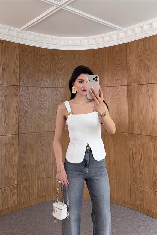 Gold Tokalı Korse Form Beyaz Bluz
