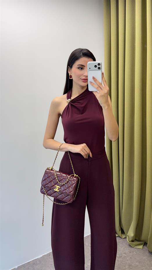 Gold Tokalı Tek Omuz Bordo Bluz