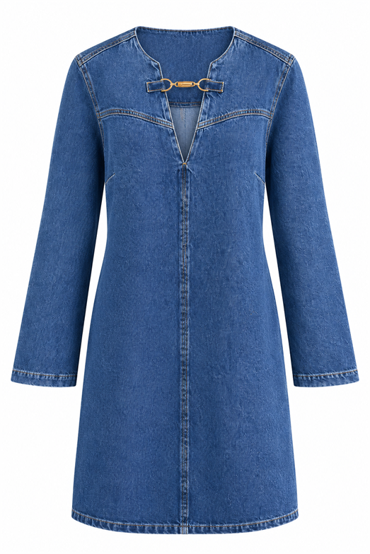 Gold Tokalı V Yaka Denim Elbise