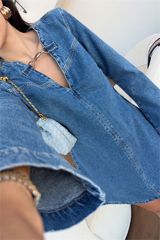 Gold Tokalı V Yaka Denim Elbise