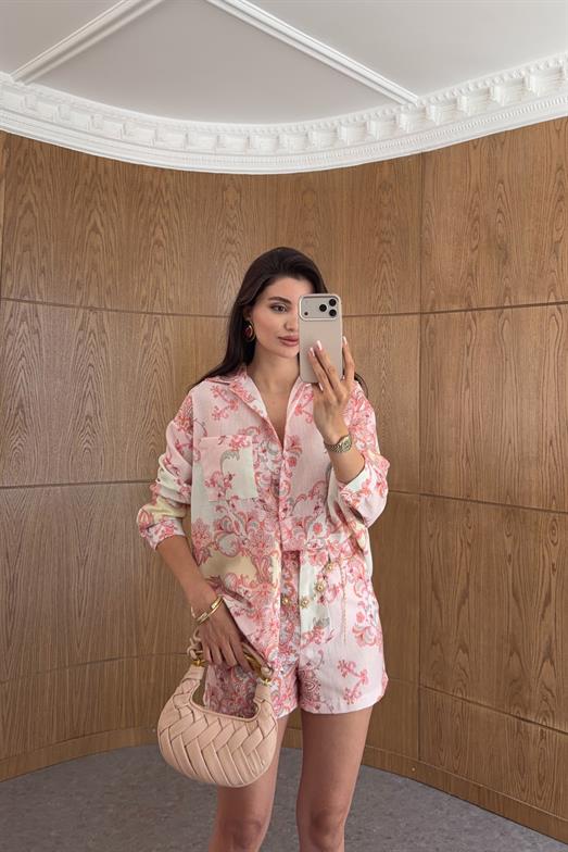 Gold Zincir Kemerli Pembe Gömlek-Şort Takım