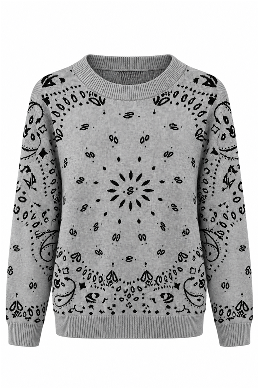 Gri Paisley Desen Rahat Kesim Triko Kazak