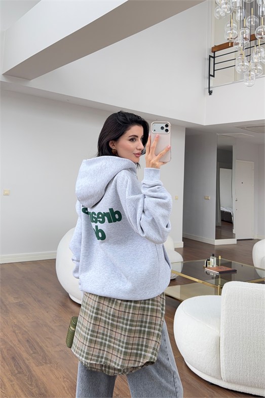 Gri Sırt Baskı Kapüşonlu Sweatshirt