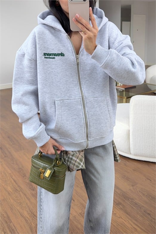 Gri Sırt Baskı Kapüşonlu Sweatshirt