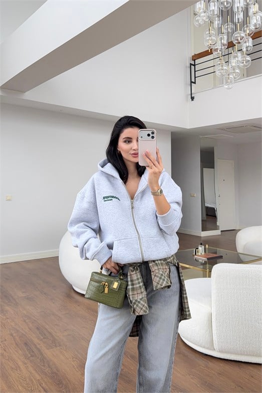 Gri Sırt Baskı Kapüşonlu Sweatshirt