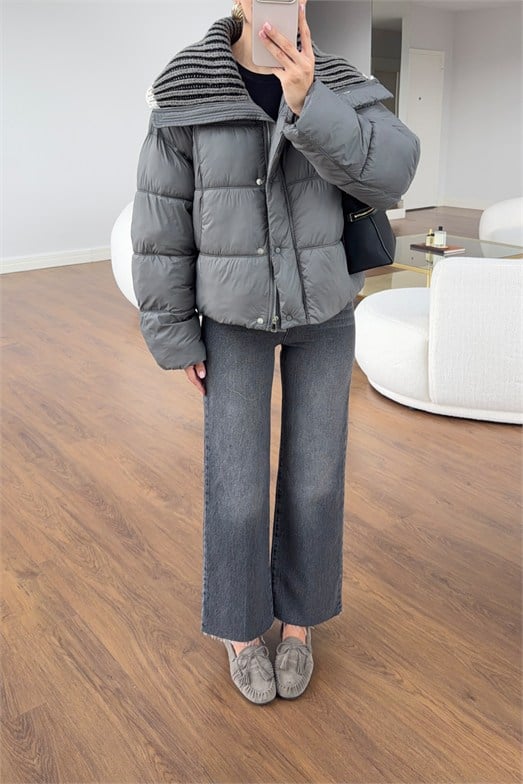 Gri Triko Yaka Detaylı Şişme Mont