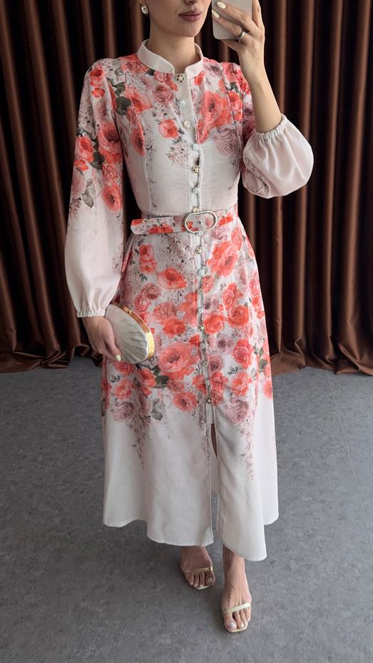 Gül Desenli Kemerli Elbise