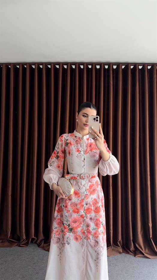 Gül Desenli Kemerli Elbise