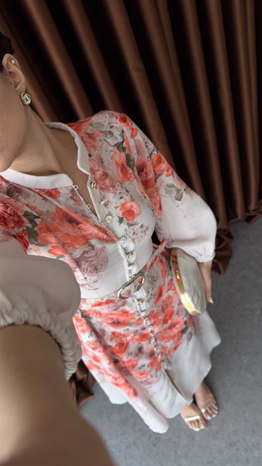 Gül Desenli Kemerli Elbise