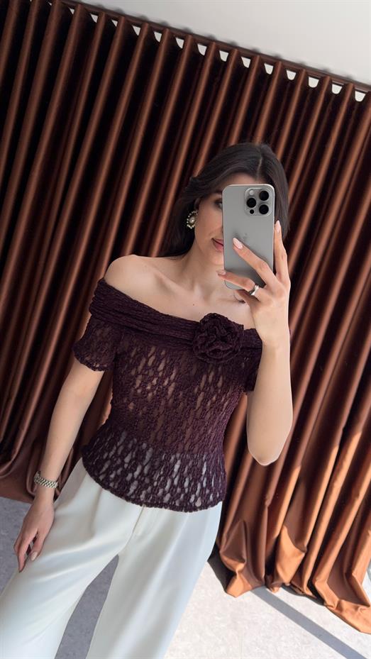 Güllü Transparan Bordo Bluz