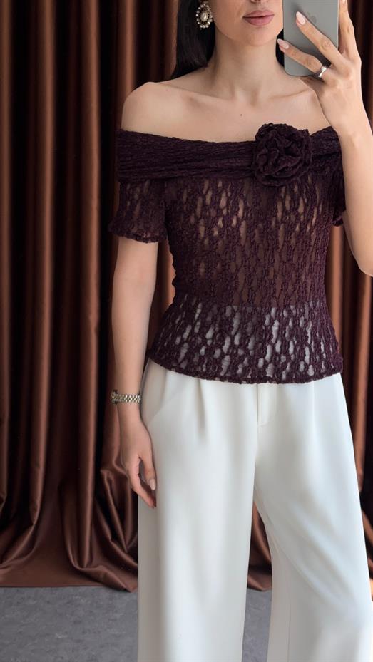 Güllü Transparan Bordo Bluz