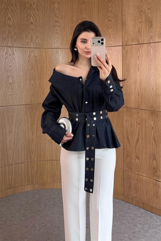 Gümüş Detaylı Tasarım Denim Gömlek