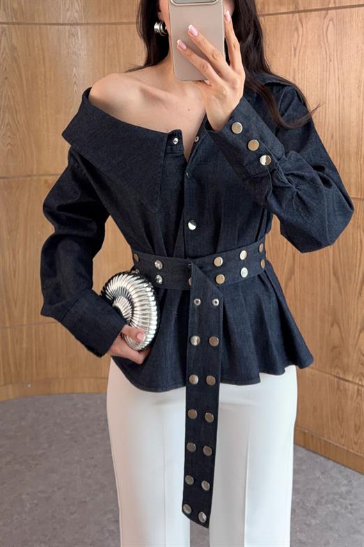 Gümüş Detaylı Tasarım Denim Gömlek