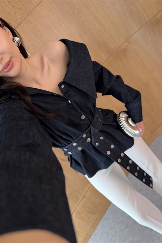 Gümüş Detaylı Tasarım Denim Gömlek