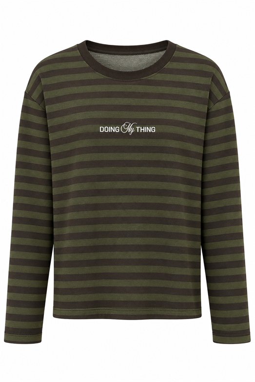 Haki Çizgili Nakışlı Sweatshirt