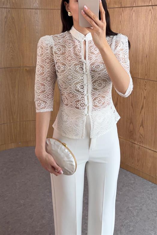 Hakim Yaka Dantelli Beyaz Bluz