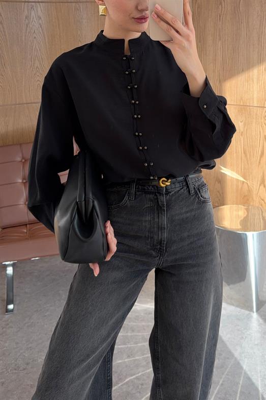 Hakim Yaka Düğmeli Siyah Gömlek