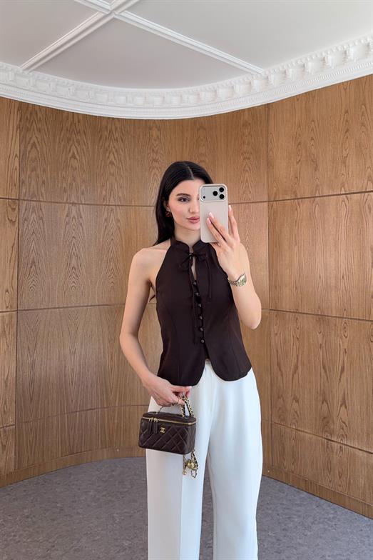 Halter Yaka Bağlamalı Koyu Kahve Bluz