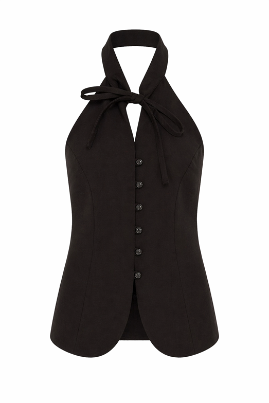 Halter Yaka Bağlamalı Koyu Kahve Bluz