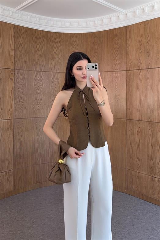 Halter Yaka Bağlamalı Koyu Yağ Yeşili Bluz