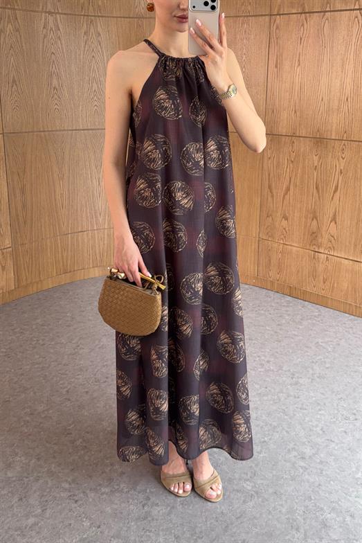 Halter Yaka Ceviz Desen Kahve Elbise