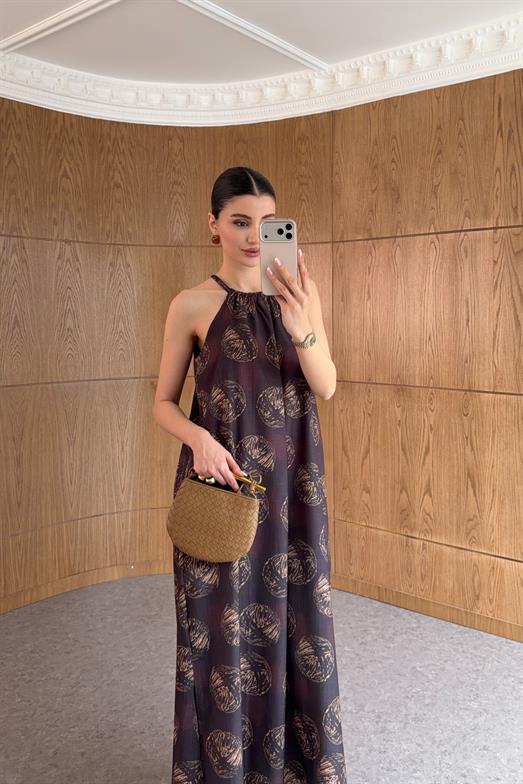 Halter Yaka Ceviz Desen Kahve Elbise