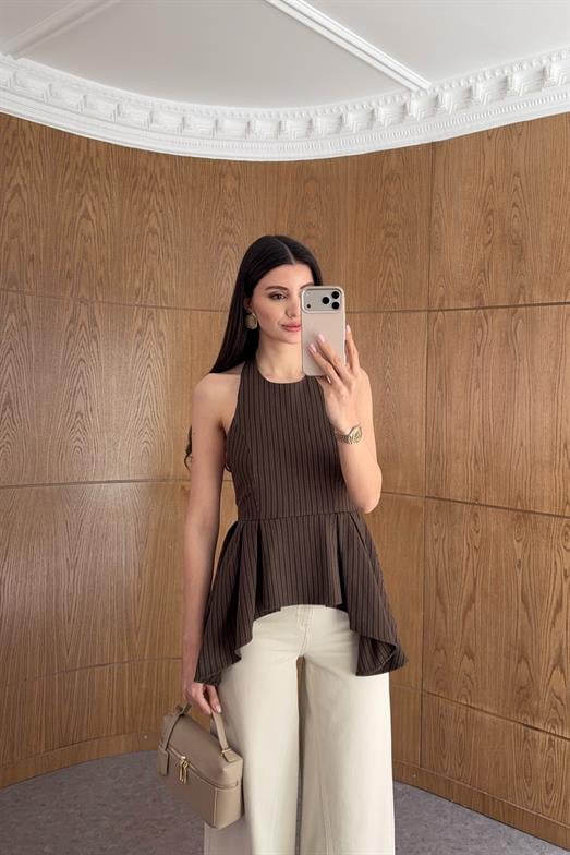 Halter Yaka Çizgili Kahverengi Bluz