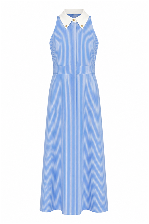 Halter Yaka Çizgili Mavi Elbise