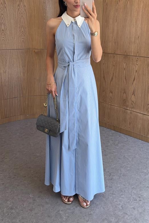 Halter Yaka Çizgili Mavi Elbise