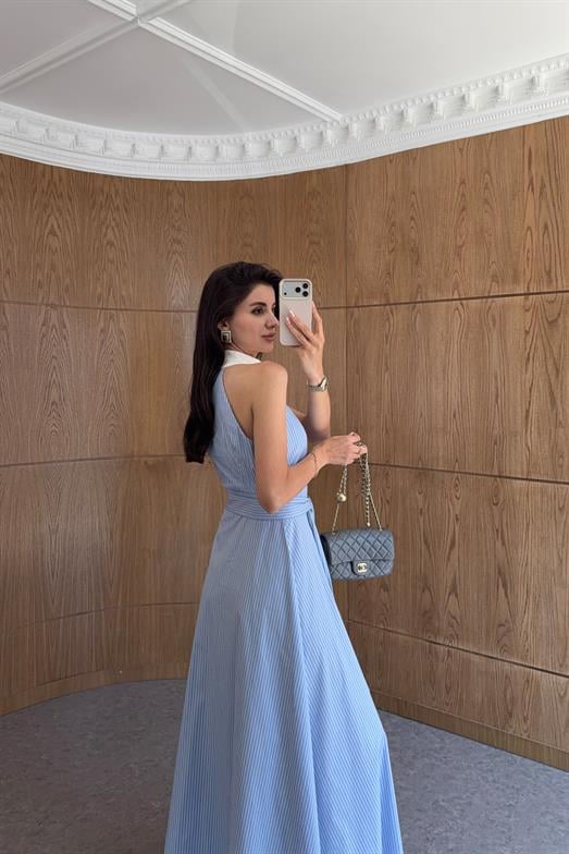Halter Yaka Çizgili Mavi Elbise