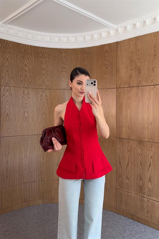Halter Yaka Çoklu Düğmeli Kırmızı Yelek