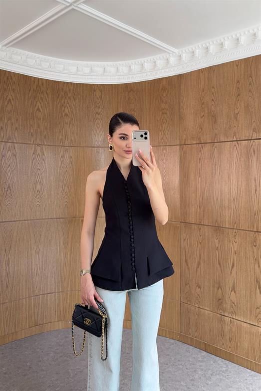Halter Yaka Çoklu Düğmeli Siyah Yelek