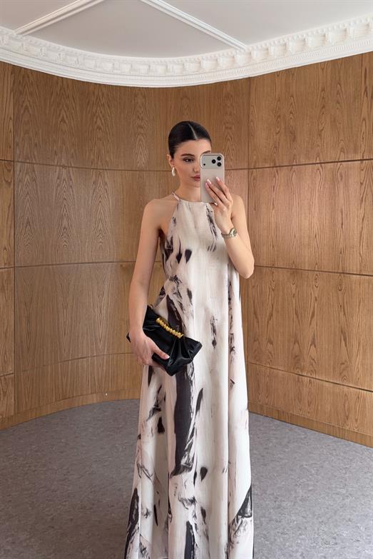 Halter Yaka Desenli Elbise