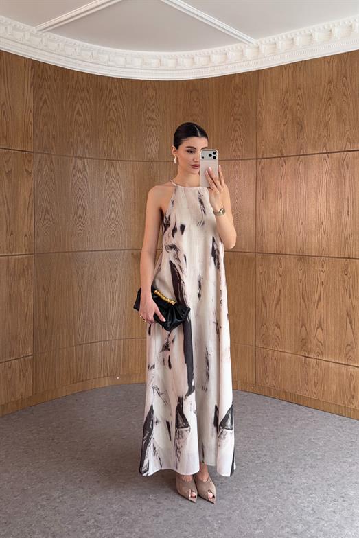 Halter Yaka Desenli Elbise