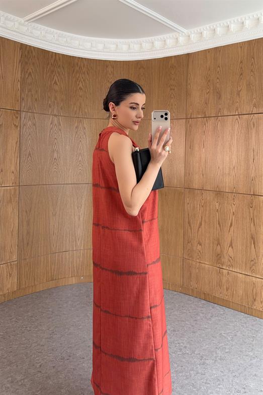 Halter Yaka Desenli Turuncu Elbise
